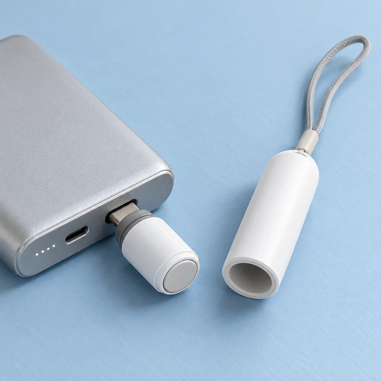 White mosquito-bite pen module connected to a USB-C output power bank, cap beside it