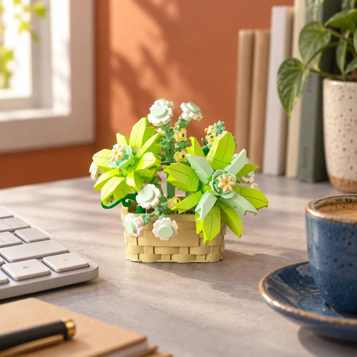 Mint Garden next to a keyboard and blue mug.