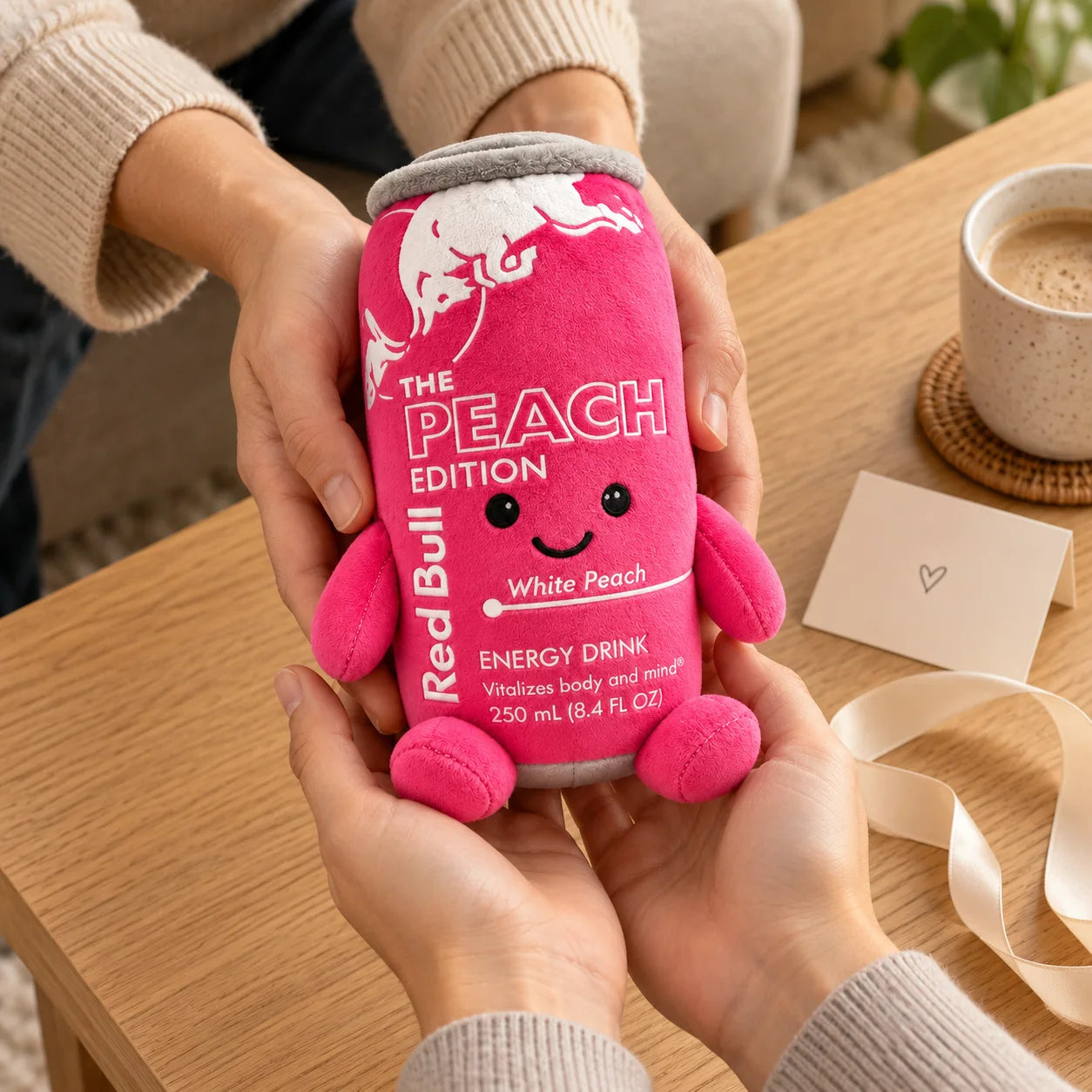 A little Peach Pink plush being passed from one pair of adult hands to another.