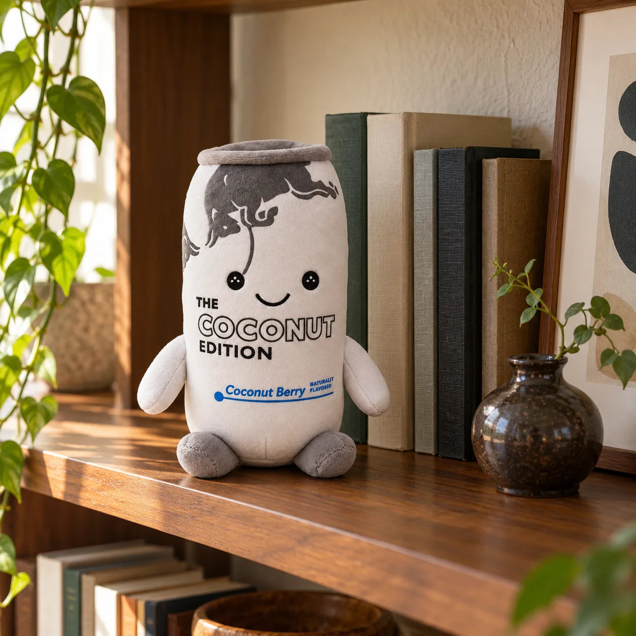 Coconut White plush on a walnut bookshelf beside ordinary books.