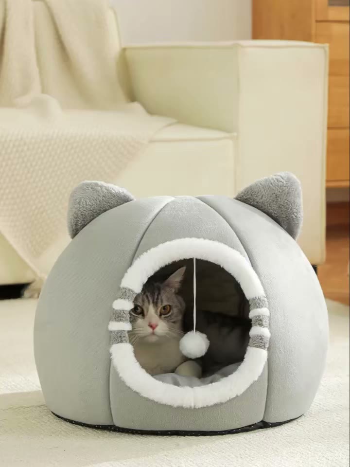 A ginger cat stepping into the grey cat-ear cave.