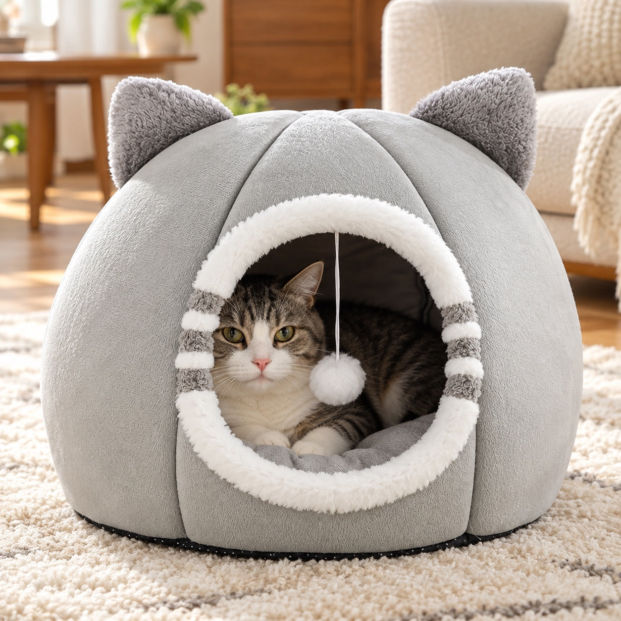 Grey Cozy Cat Cave with a tuxedo cat inside