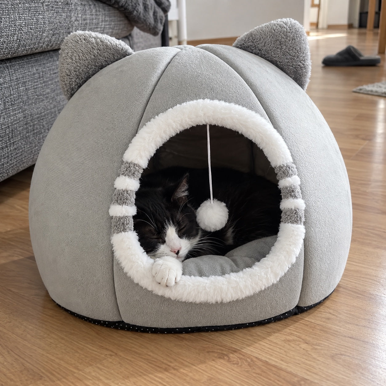 Tuxedo cat resting inside the complete grey cave on a wood floor.