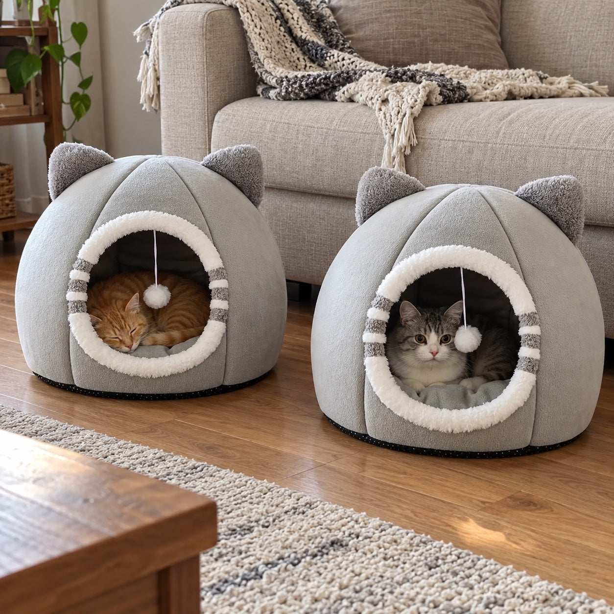 Two complete grey cat caves with small cats in a lived-in room.