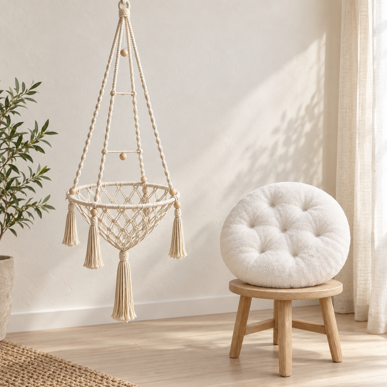 One cream hammock and one white plush cushion.