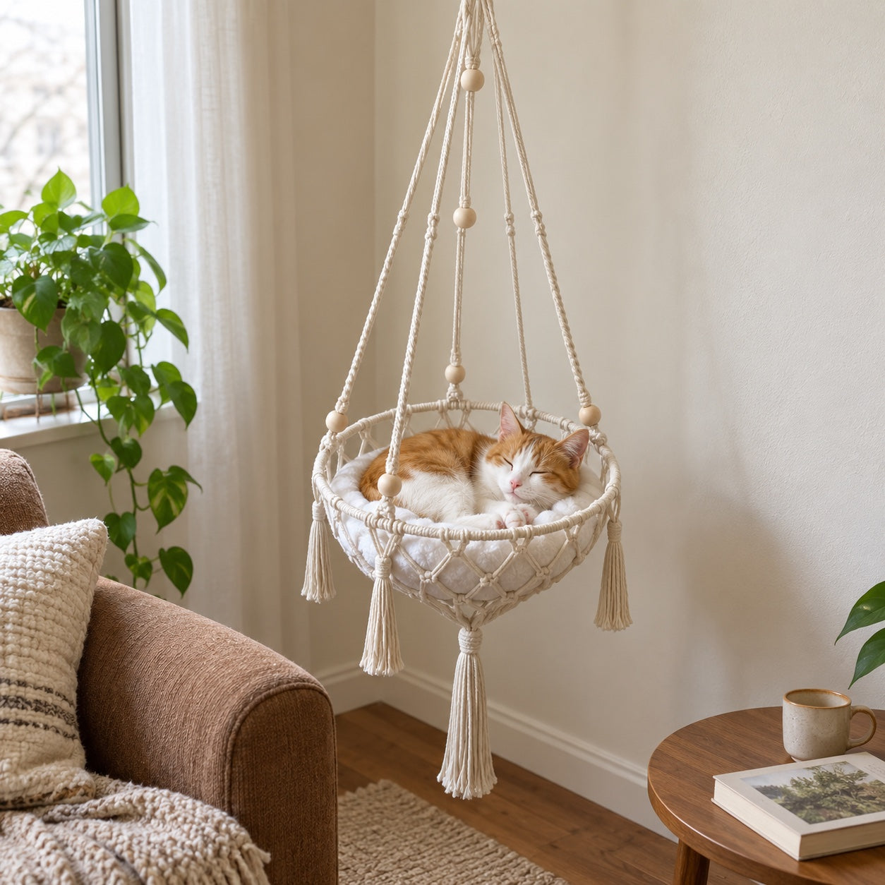 A small ginger-and-white cat resting in the cream hammock with a white cushion.