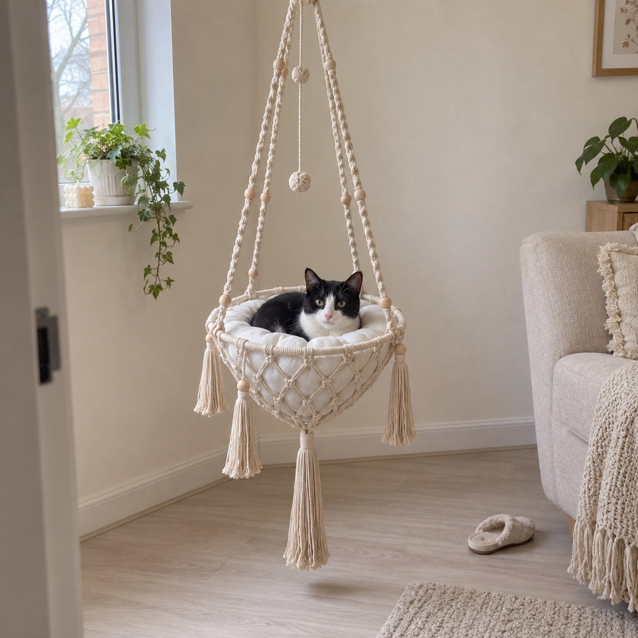 Tuxedo cat resting in the cream hammock with its white cushion in a living room.