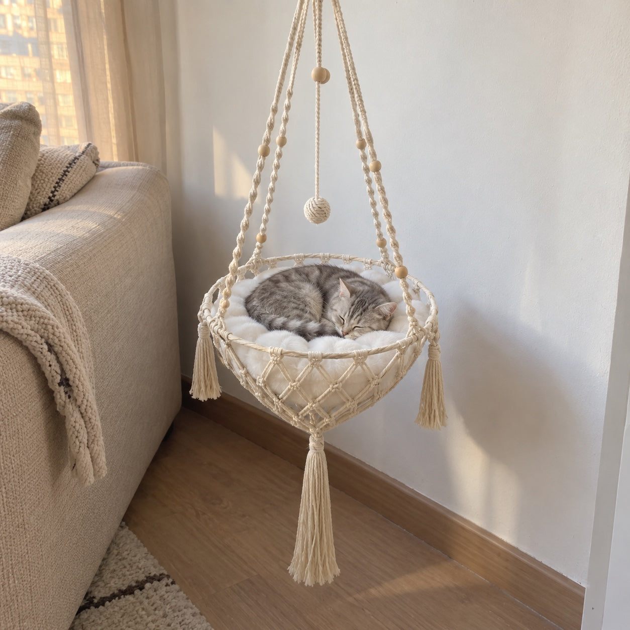 Small grey tabby asleep on the white cushion in the cream woven hammock.