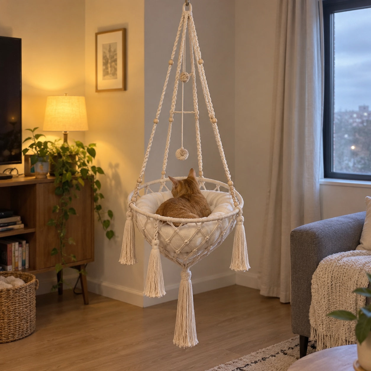 Ginger cat sitting in the cream hammock in a softly lit room.