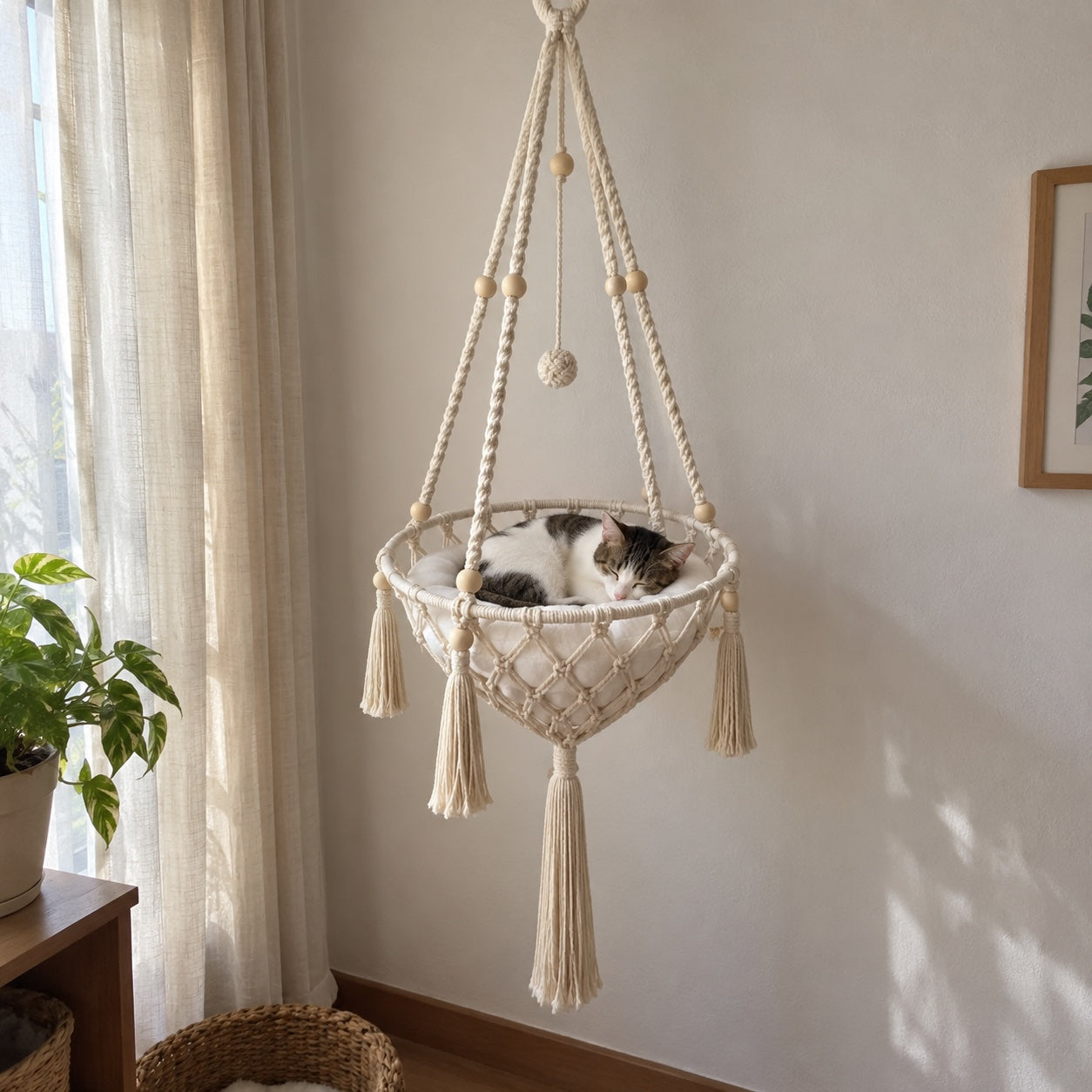 White and tabby cat curled up in the full cream hanging hammock at home.