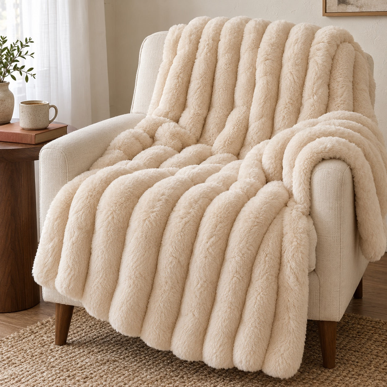 Beige. Cloudsoft striped plush throw, approximately 50 by 60 inches.