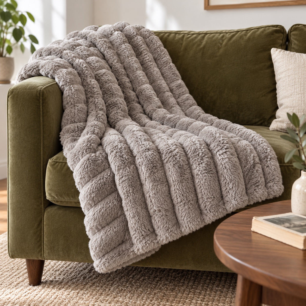 Light Grey. Cloudsoft striped plush throw, approximately 50 by 60 inches.