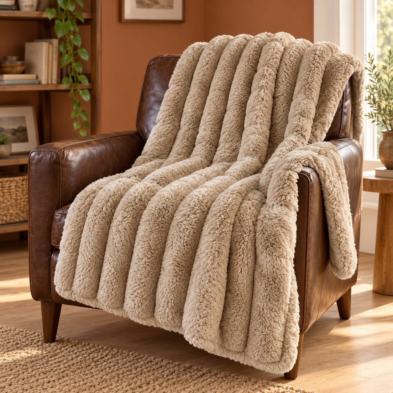 Khaki. Cloudsoft striped plush throw, approximately 50 by 60 inches.