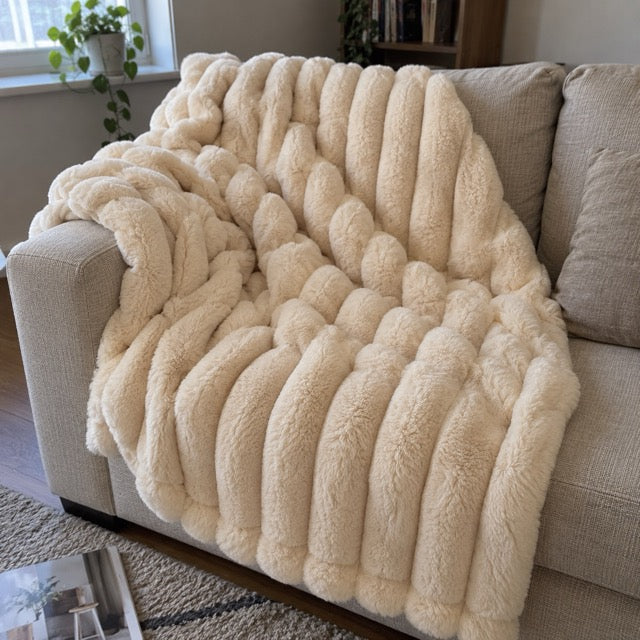 Customer photo: Beige throw casually draped across a small sofa.