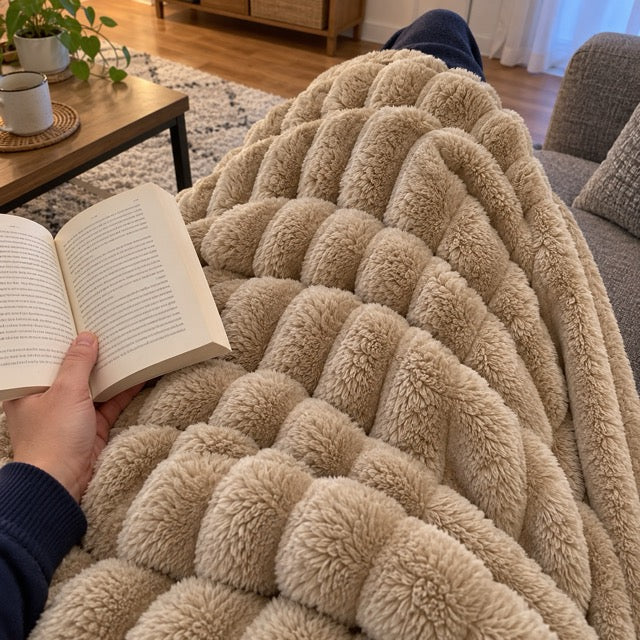 Customer photo: a Khaki throw over a reader's lap, photographed from above.