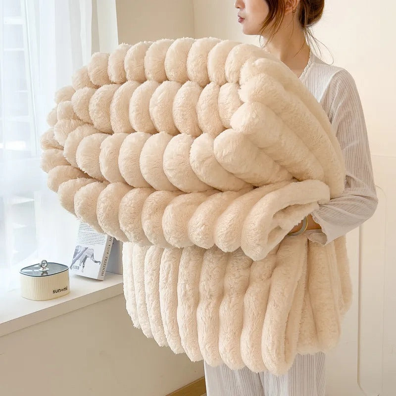 Product photograph showing the Beige striped plush fabric. The listing offers several sizes; this page sells only 50 by 60 inches.