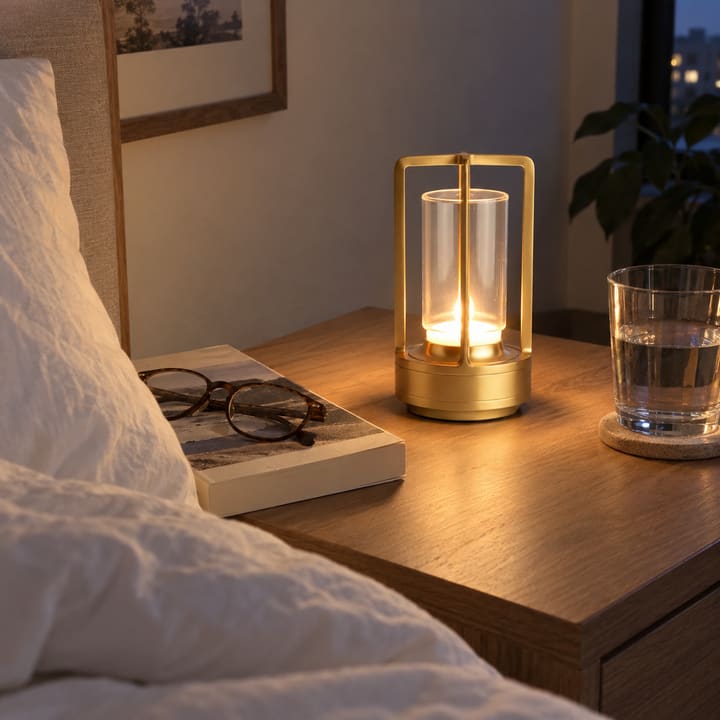 Customer photo: a gold lantern beside a bed, photographed diagonally.