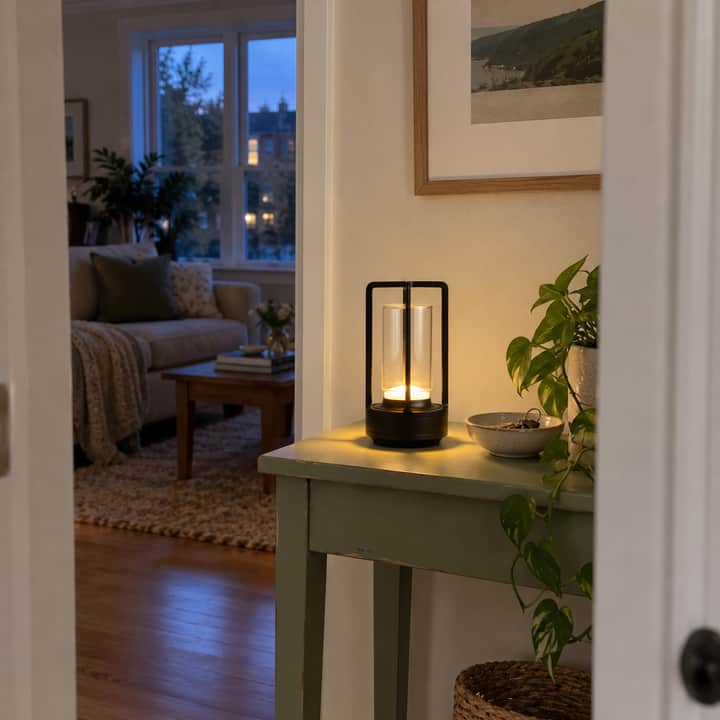Customer photo: a black lantern on an apartment console, viewed through a doorway.