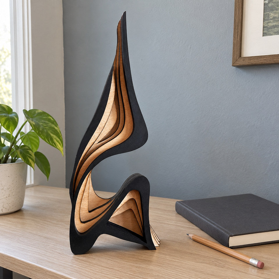 Small sculpture in a close three-quarter view on a pale wood desk.