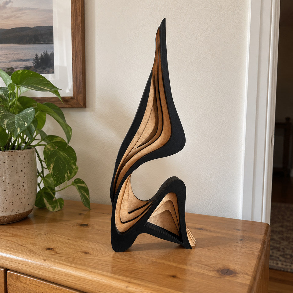 Tall sculpture on a low pine sideboard with a cream wall, tight candid side-angle photograph that shows the narrow layered depth, complete sculpture visible.