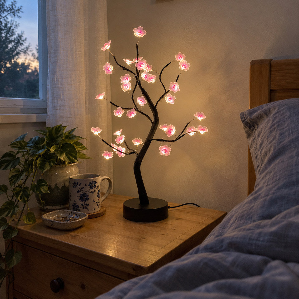 Only the Pink Blossom design, on a small pine bedside table beside slightly rumpled grey-blue bedding.