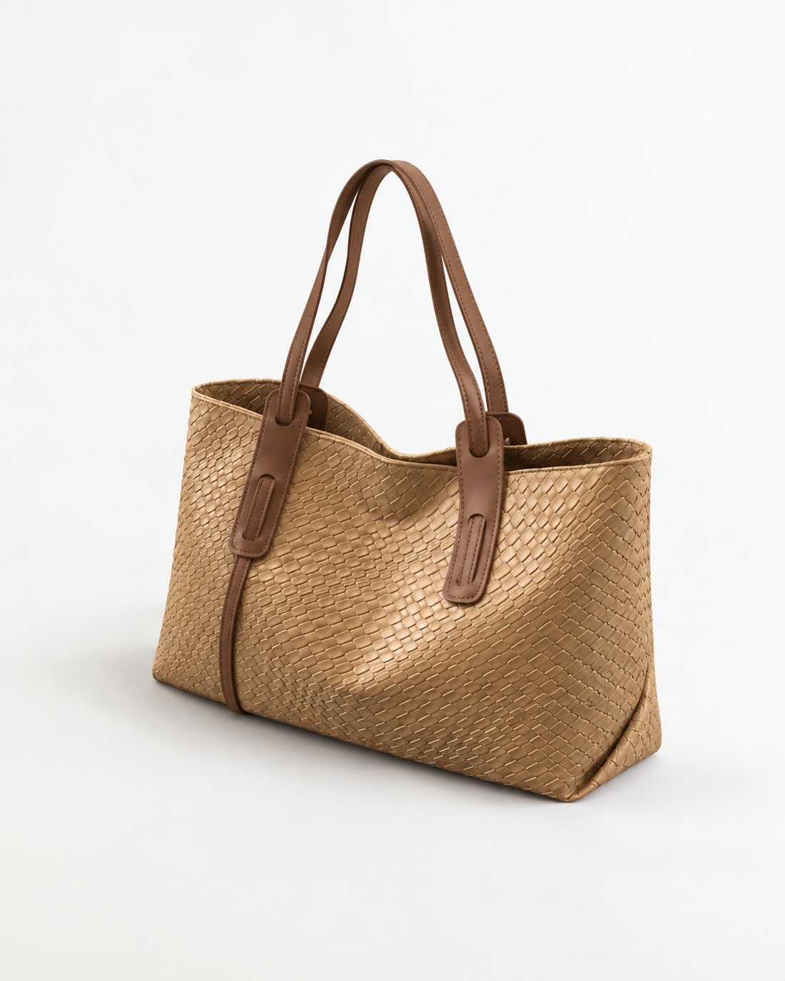 Khaki woven PU tote with brown shoulder handles
