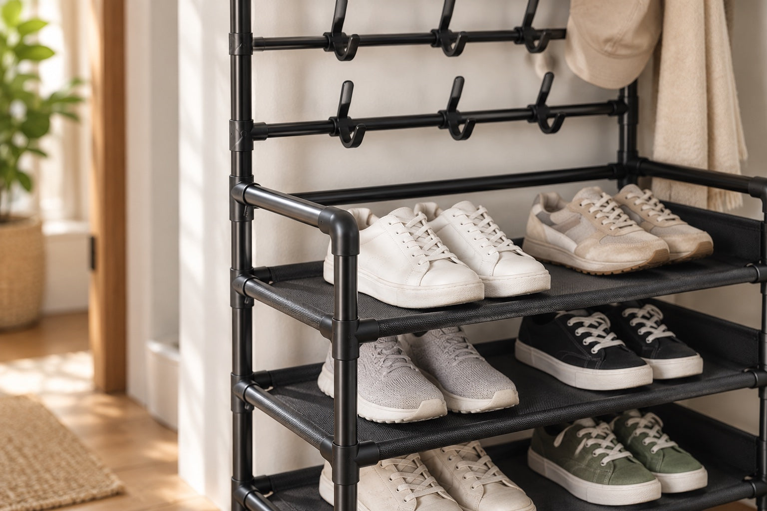 close view of the rack's steel tubes, black connectors, dark shelf panels and double-ended hooks.