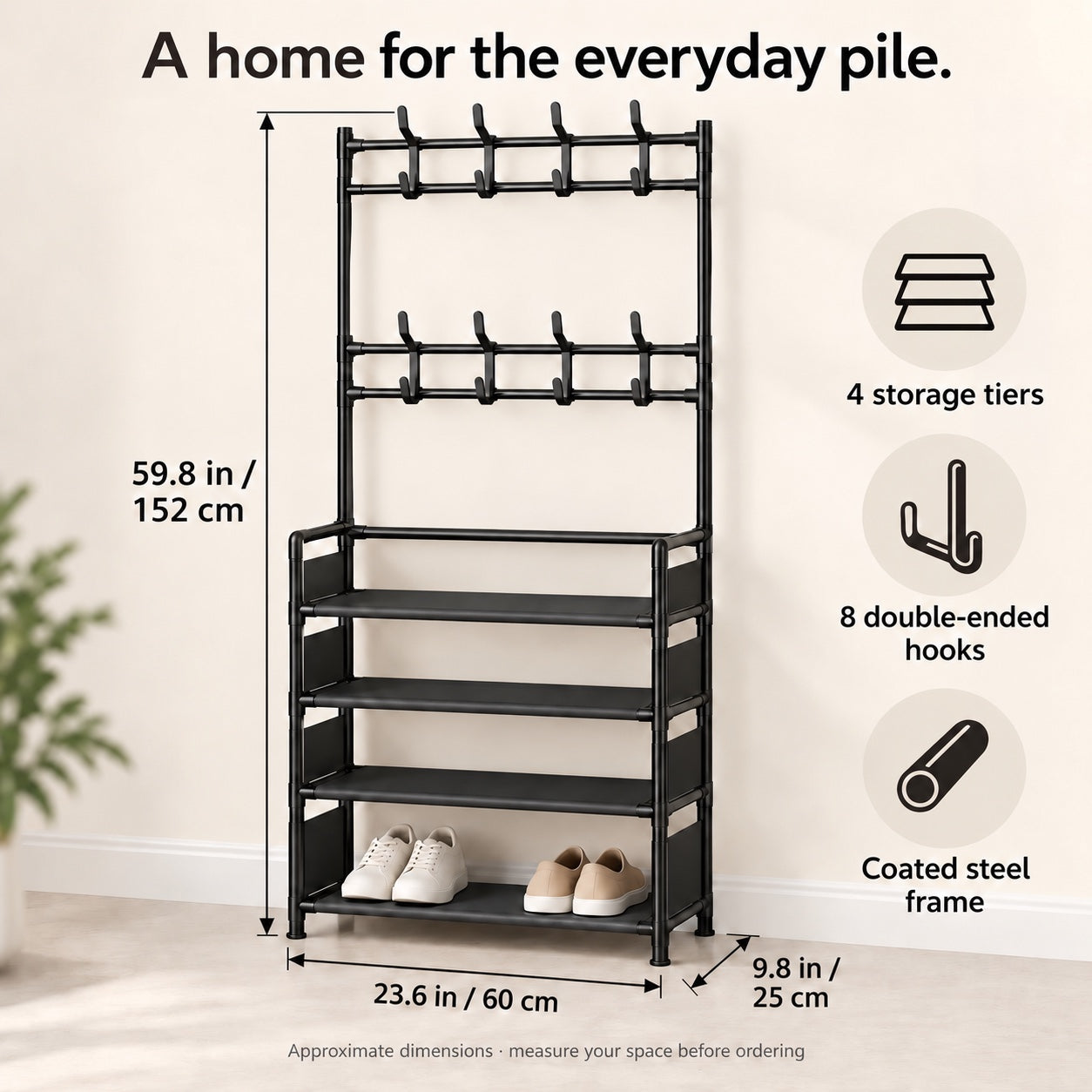 approximate dimension guide showing 23.6-inch width, 9.8-inch depth and 59.8-inch height to the highest hook.