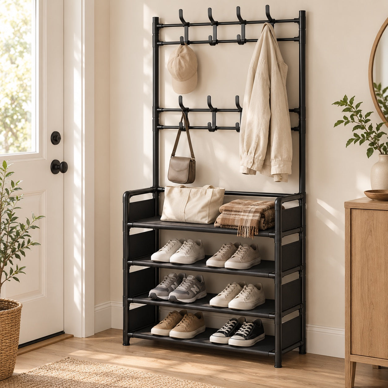 the exact black four-level rack holding everyday shoes, a jacket and a tote in a tidy home entryway.