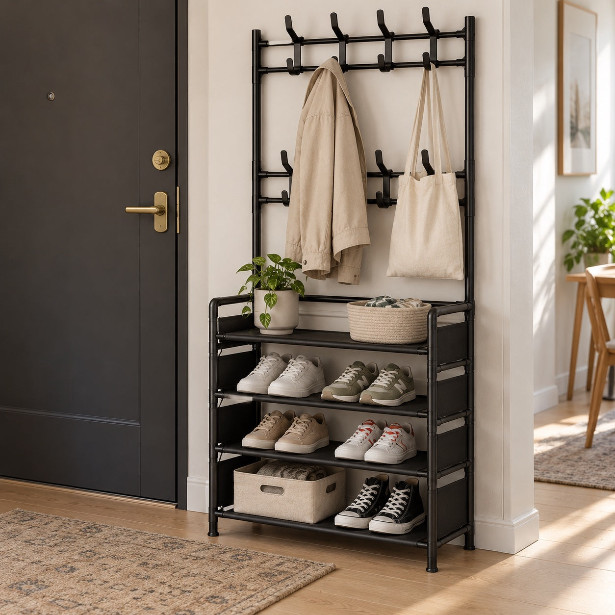 the exact rack in a small apartment entryway, showing its shallow floor footprint.