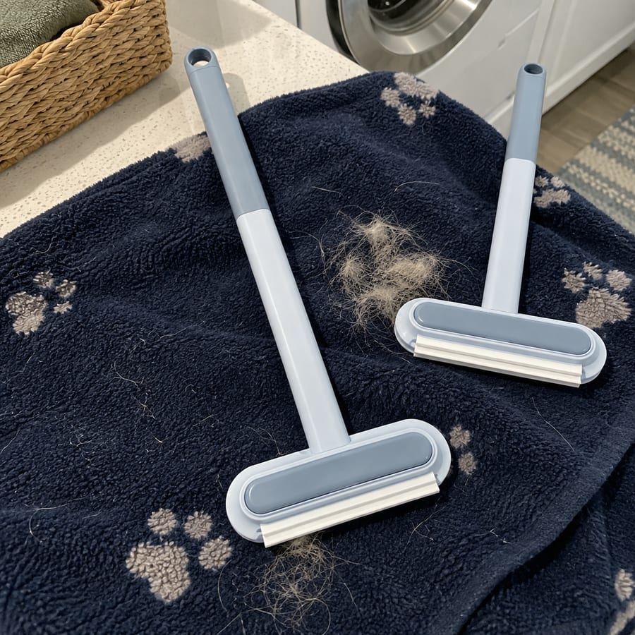 Two brushes and gathered fur on a navy blanket.