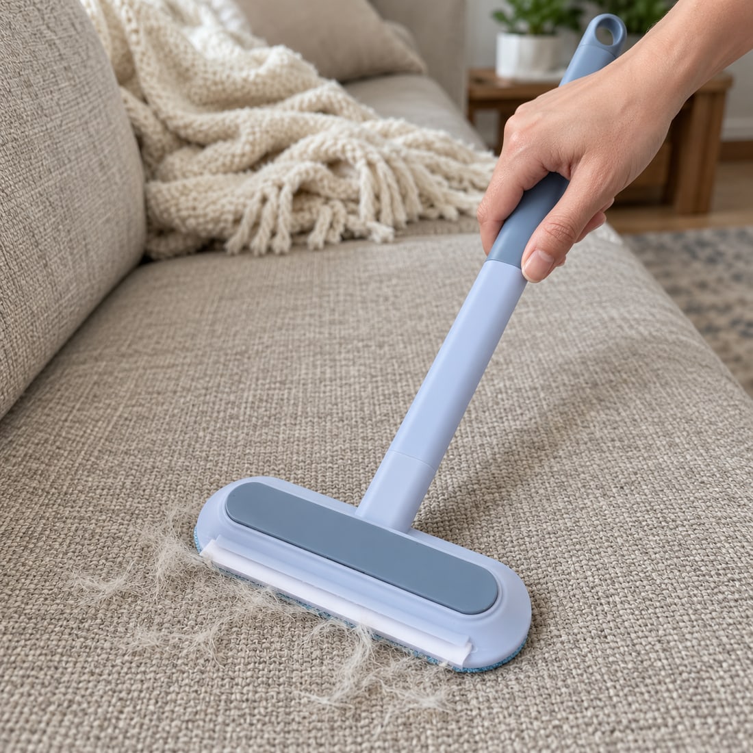 Hand using the exact pale-blue brush on a sofa cushion. 