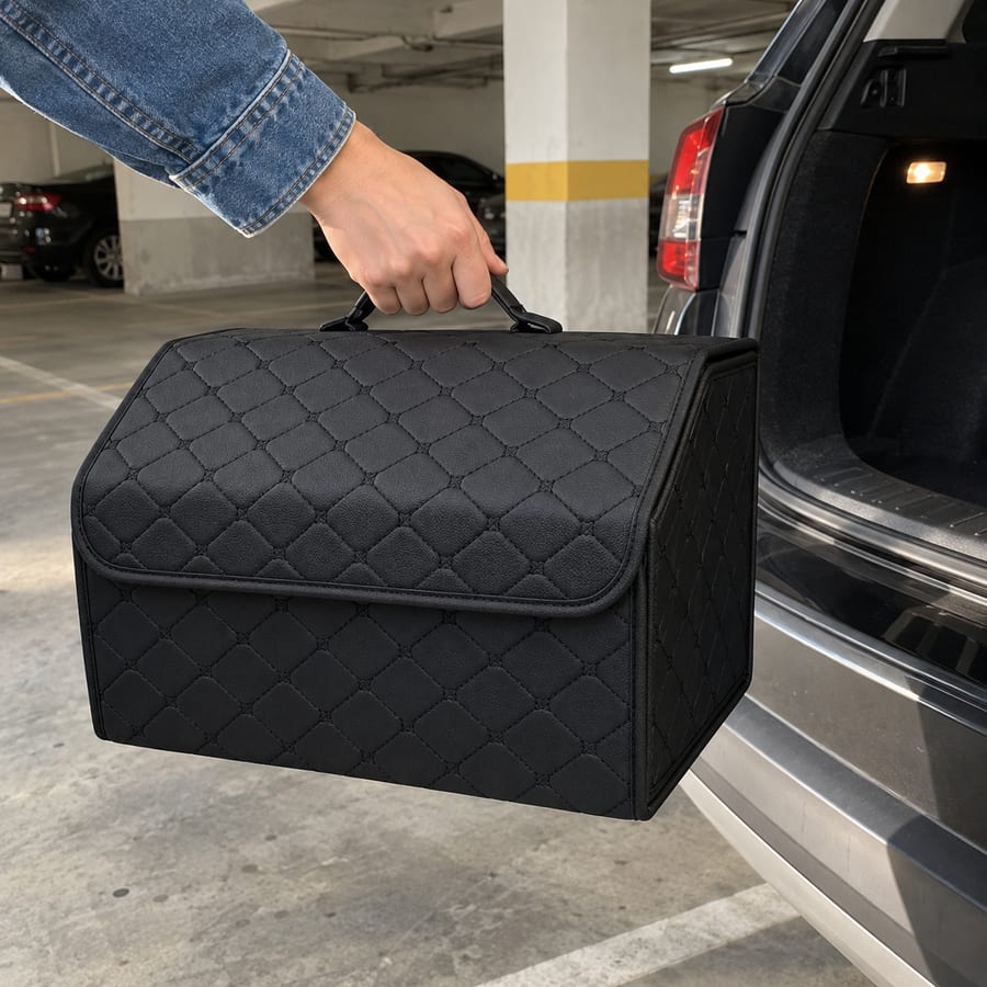 A hand carrying the black organizer beside an open car hatch.
