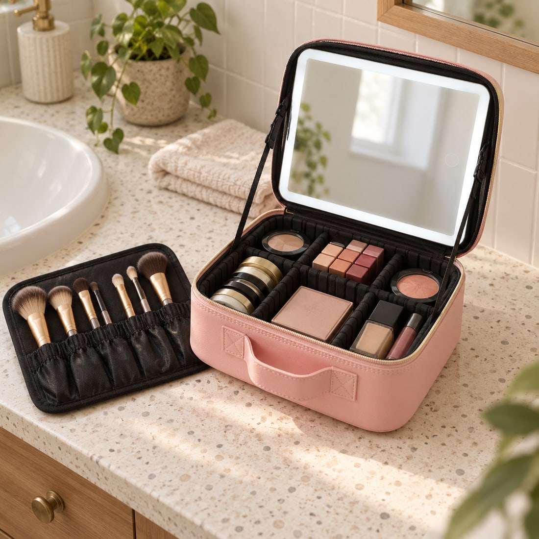 Pink vanity case with its mirror and brush panel. 