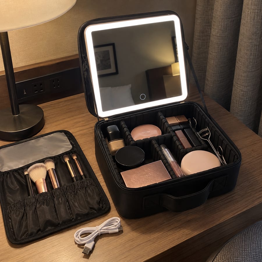 Open black vanity case with its light-up mirror on a hotel desk.