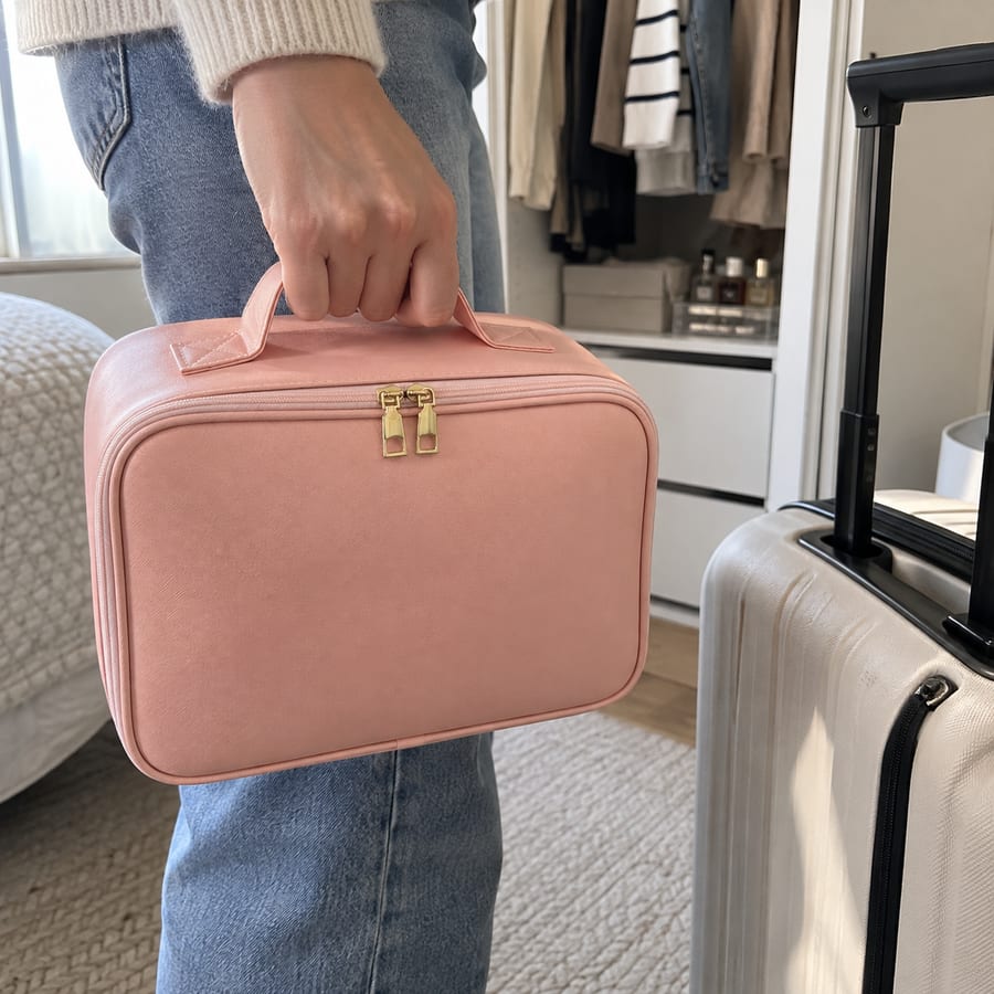 A hand carrying the closed pink case beside a wardrobe.