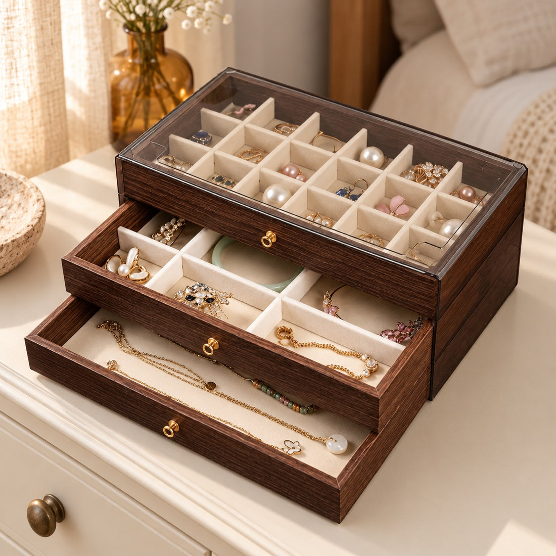 Complete dark woodgrain jewelry box.