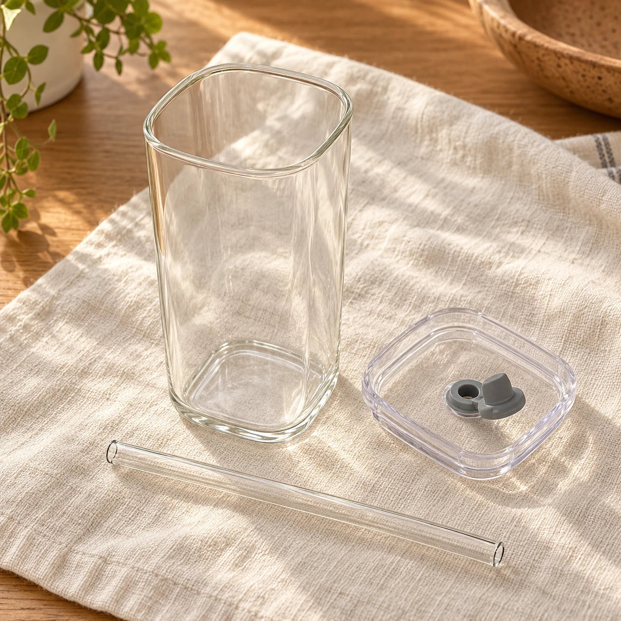 square glass cup: close-up details.