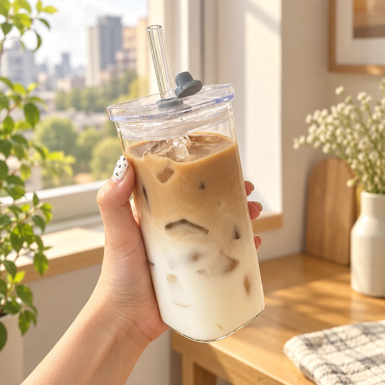 square glass cup: everyday setting.