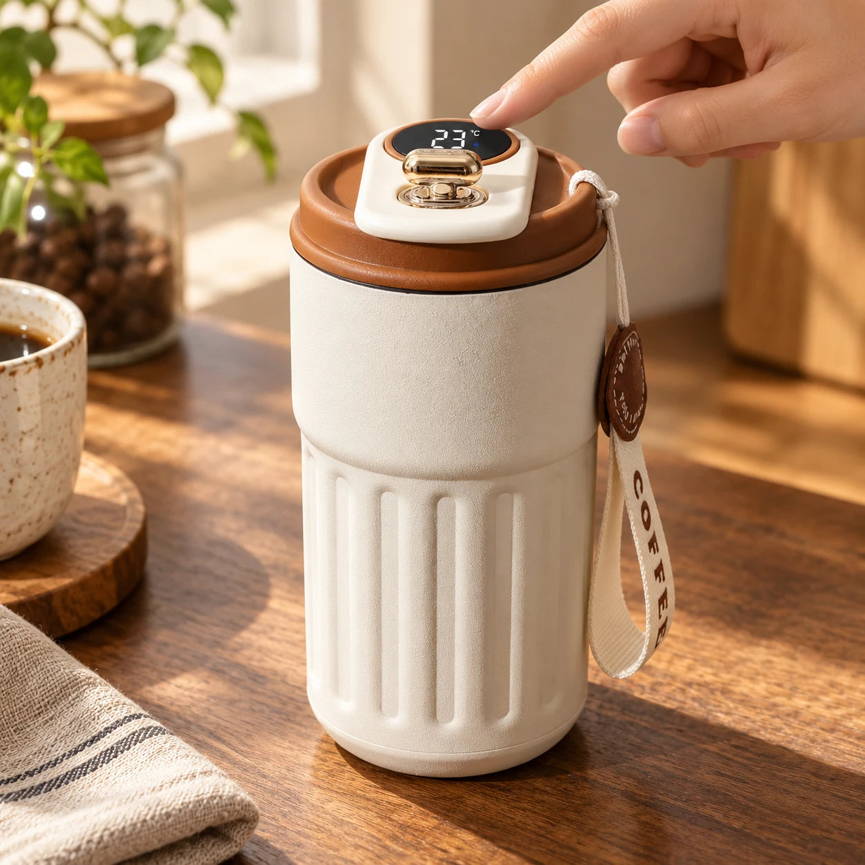 insulated coffee mug: close-up details.