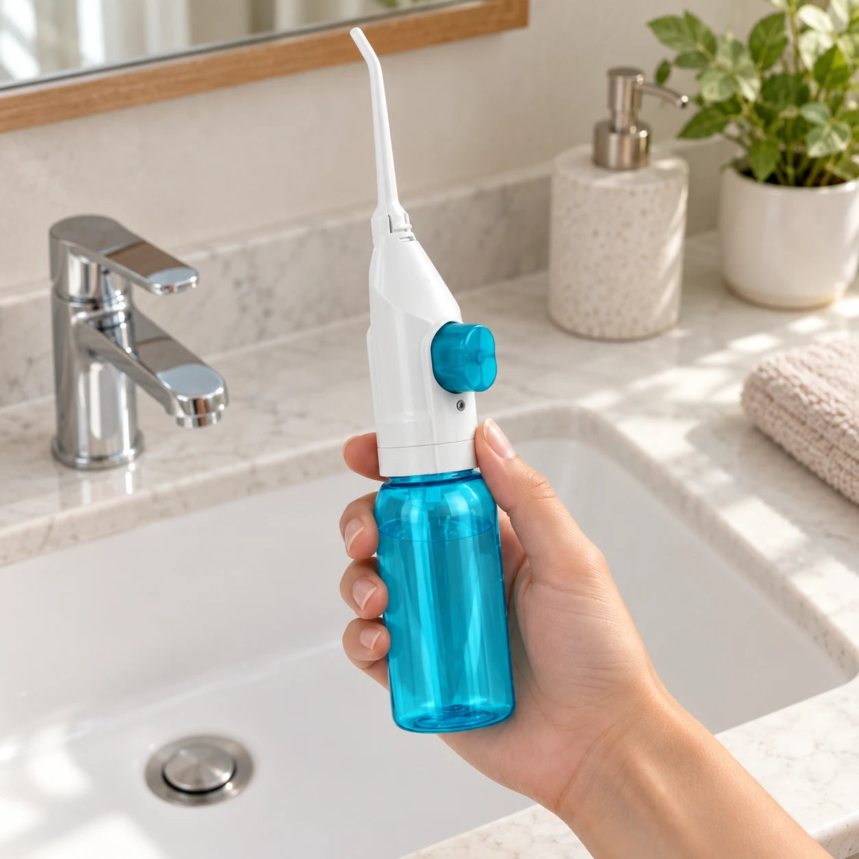 manual water flosser: everyday setting.