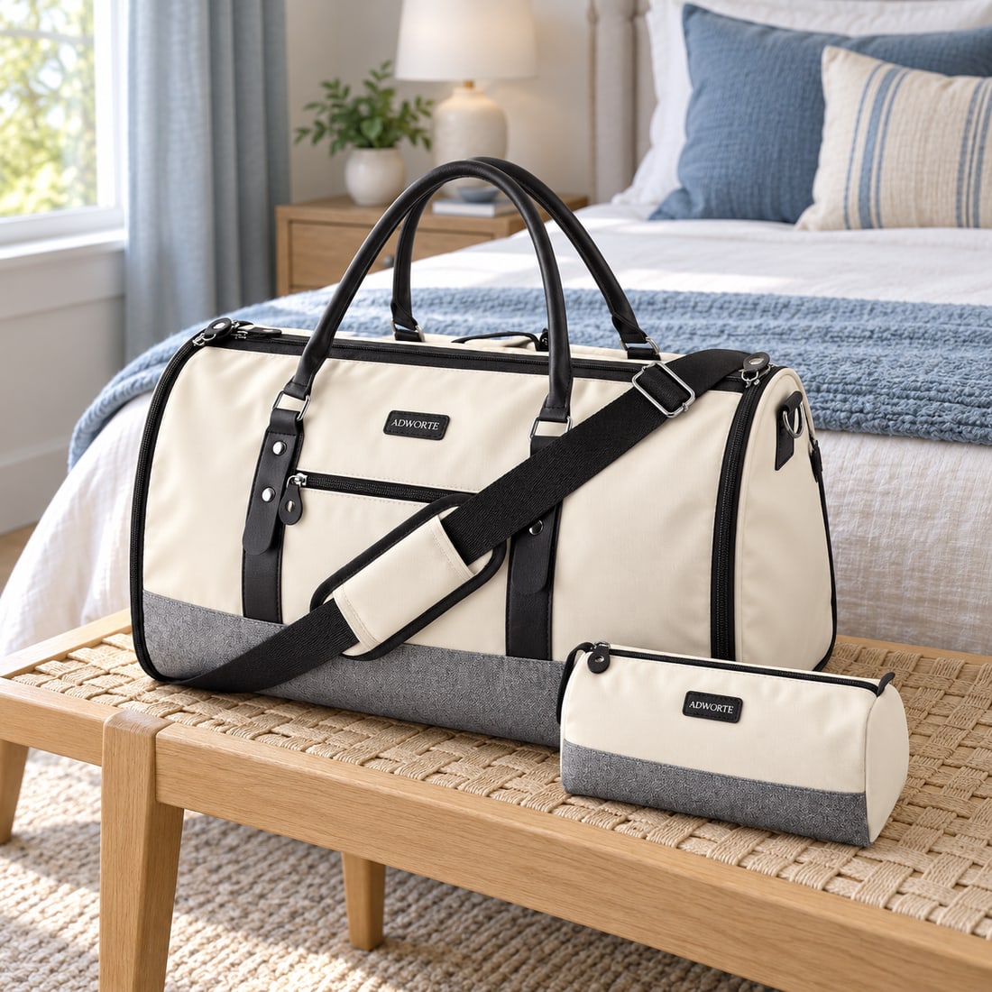 Ivory garment duffel and matching pouch on a bedroom bench