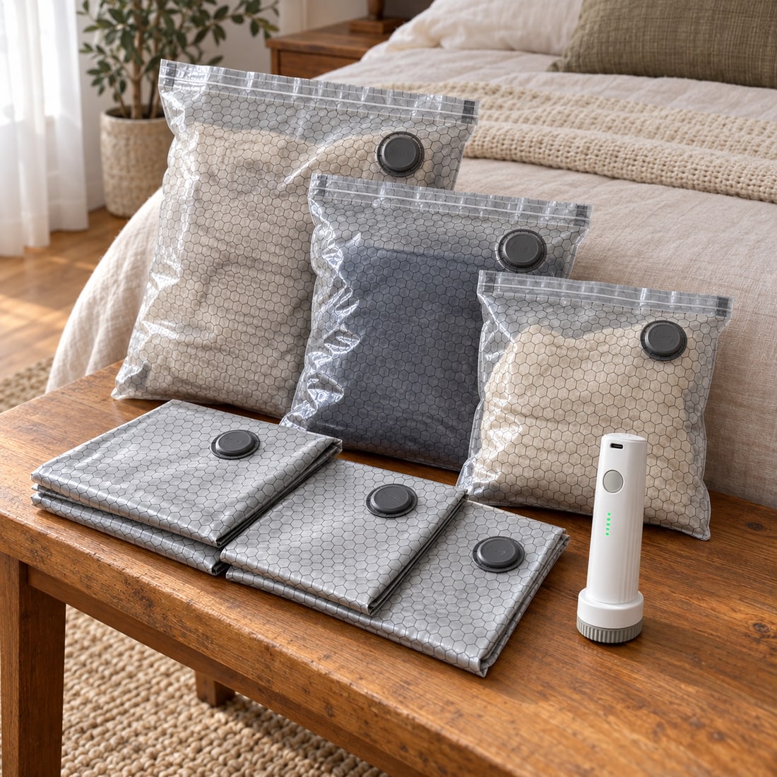 Six honeycomb vacuum bags and the cordless pump