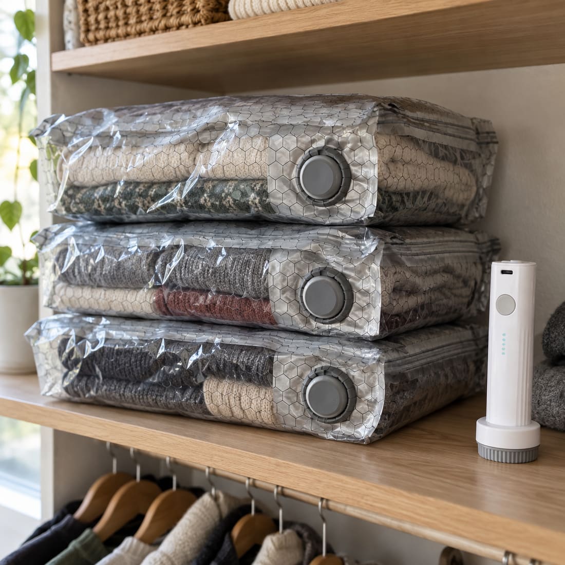 Compressed clothes stored on a closet shelf