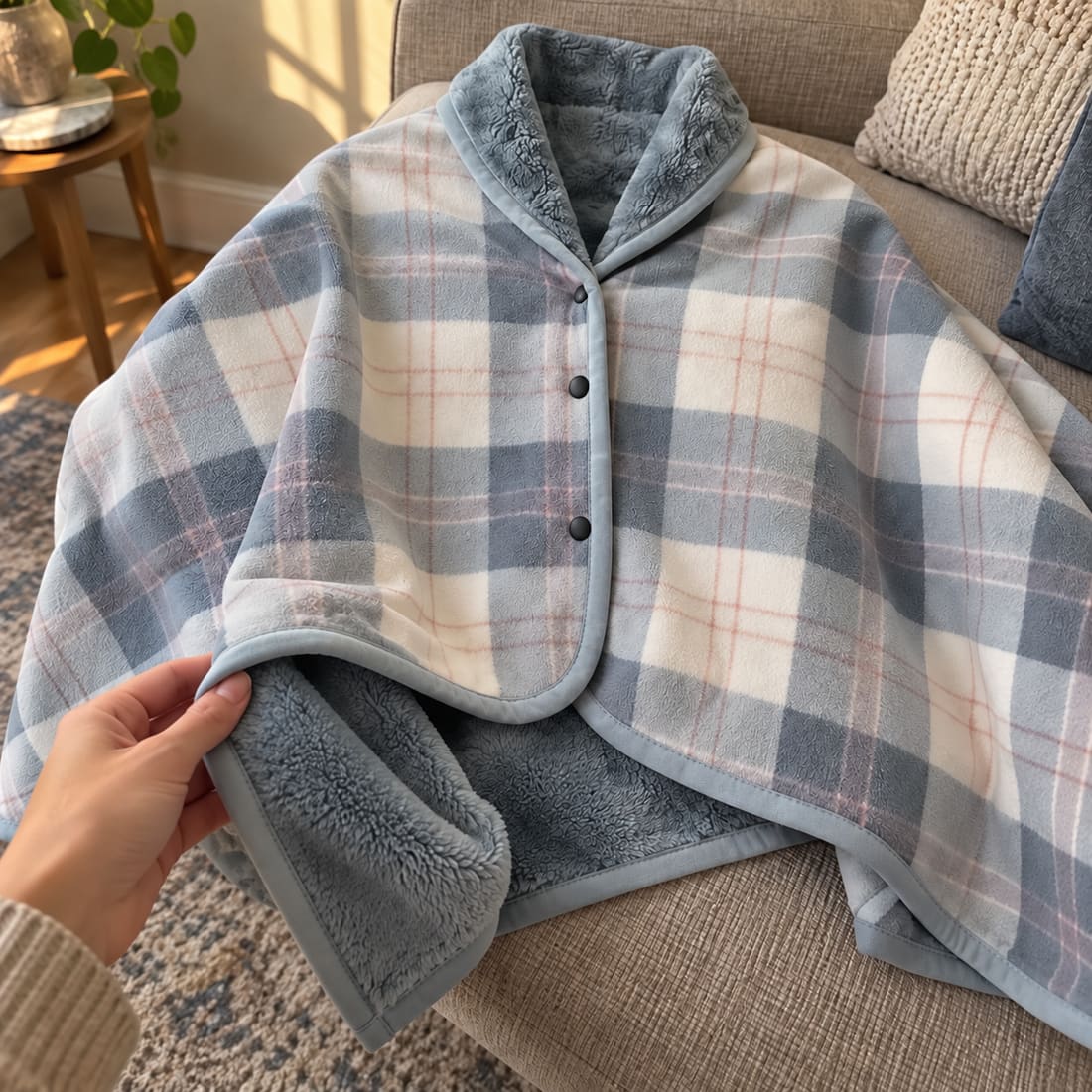 Close view of the blanket wrap fleece lining and finished edge
