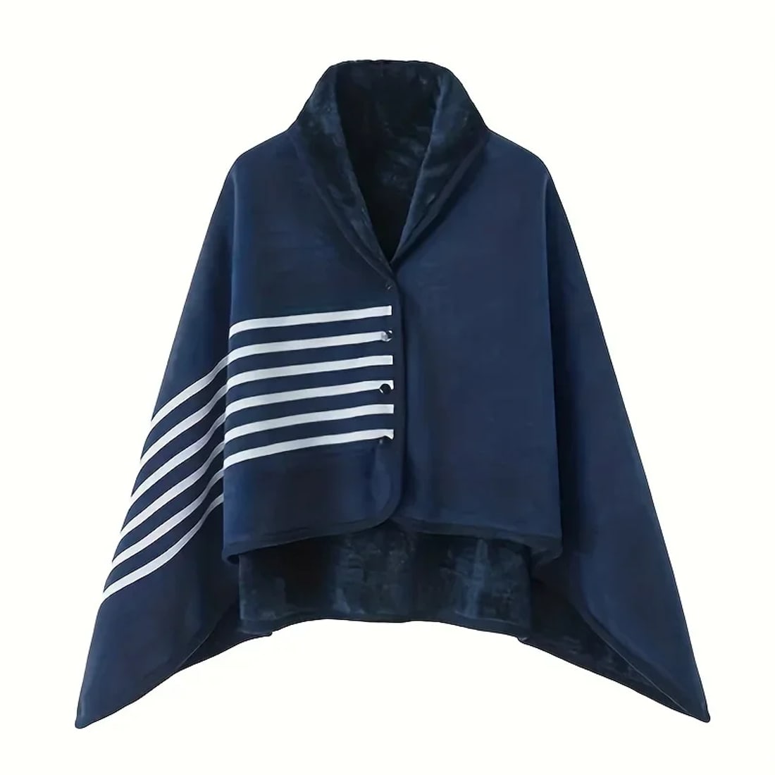 Navy Stripe blanket wrap with white stripe accents and dark fleece lining