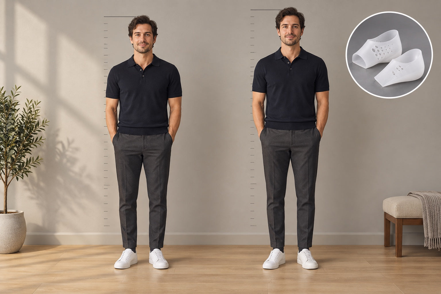 The same man shown at five feet six inches and five feet eight inches with the maximum two-inch booster concealed in his shoes