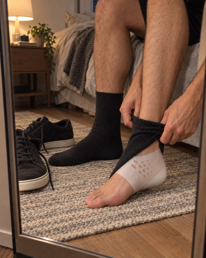 Customer photo of a man covering a height booster with a dark sock before putting on sneakers