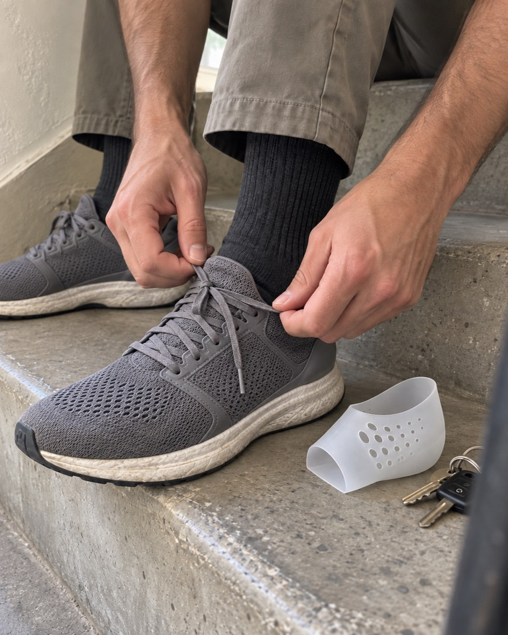 Customer photo of a man tying a gray sneaker beside a silicone height booster