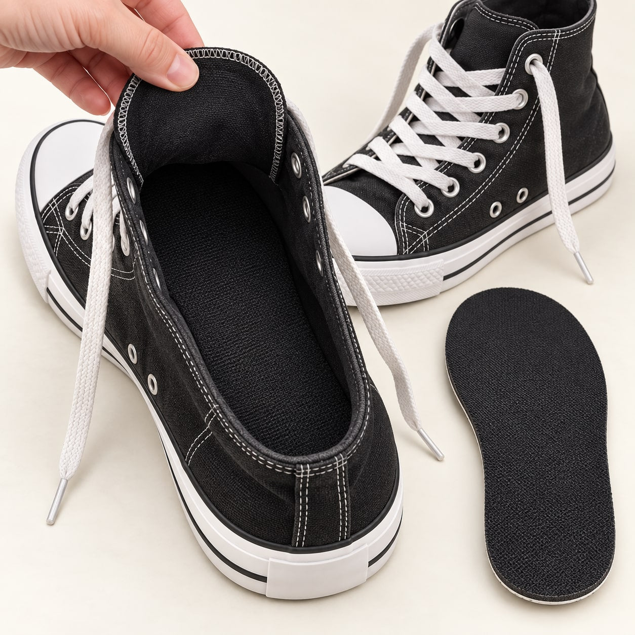 Plain black full-length footbed inside an open high-top shoe, with a matching insole beside it